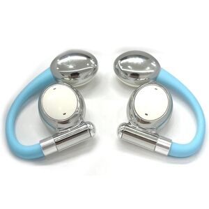 Silver and Blue Wireless Earbuds
